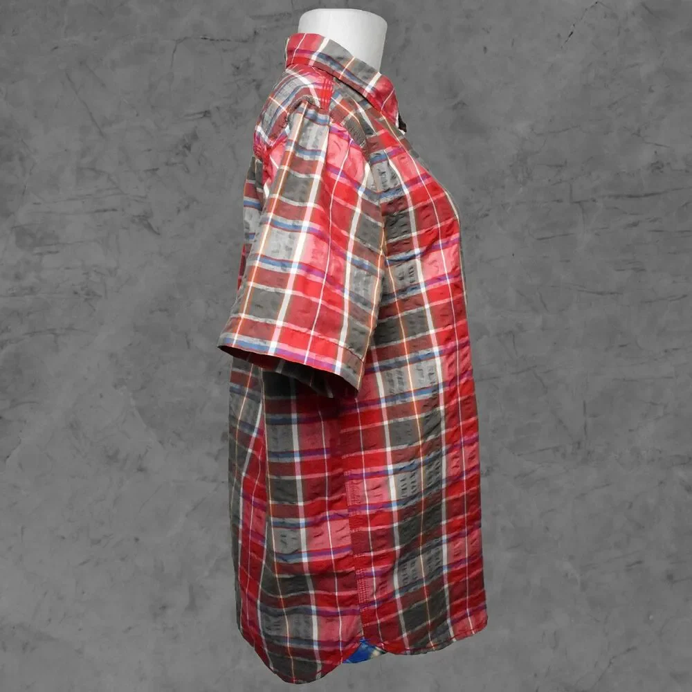 The North Face Plaid Camp Shirt Men's M Red Olive Button-Front Short Sleeve